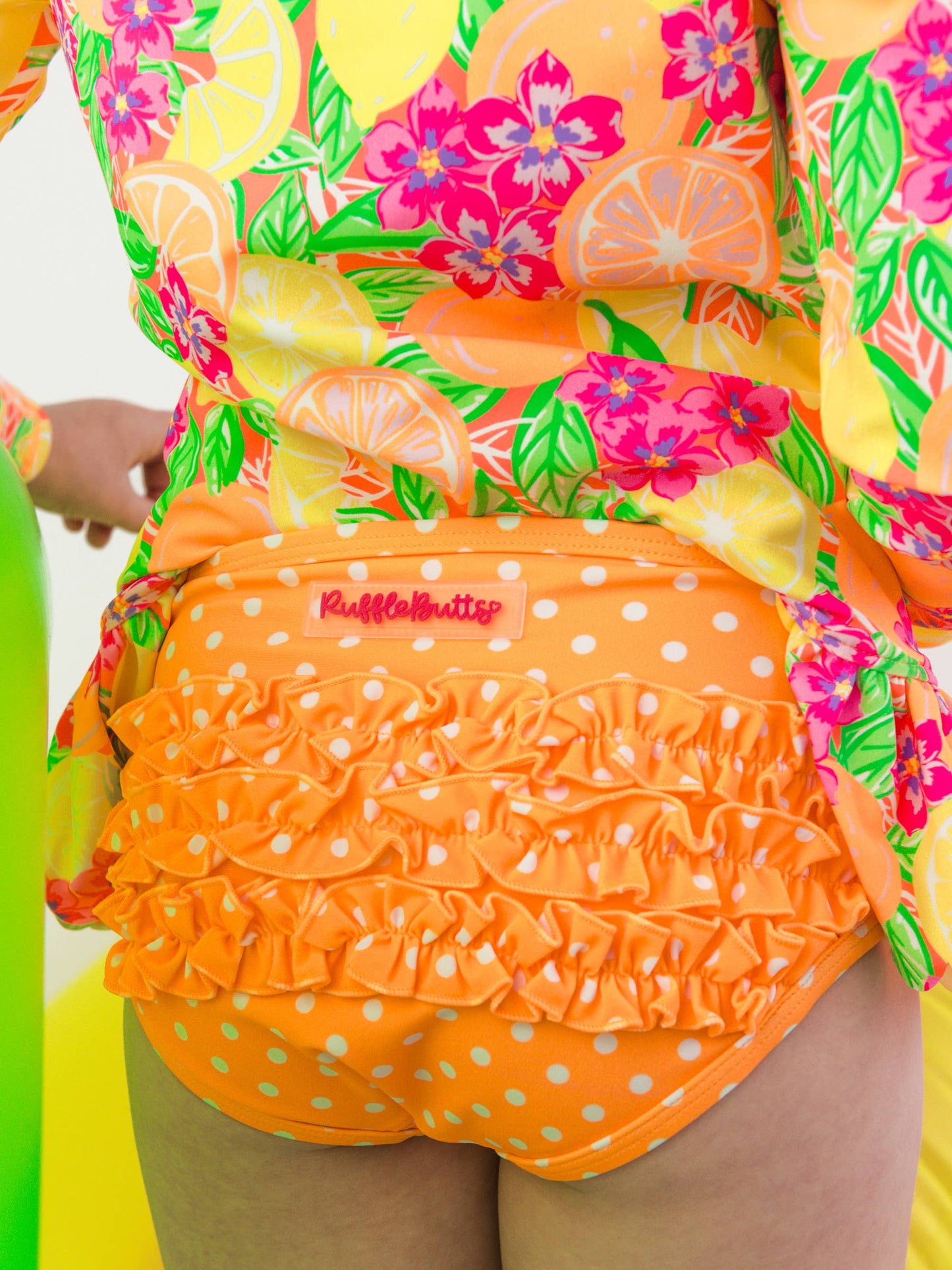 Girls Neon Squeeze the Day Scallop Hem Long Sleeve Rash Guard 2-Piece Swimsuit with Signature Rear Ruffles