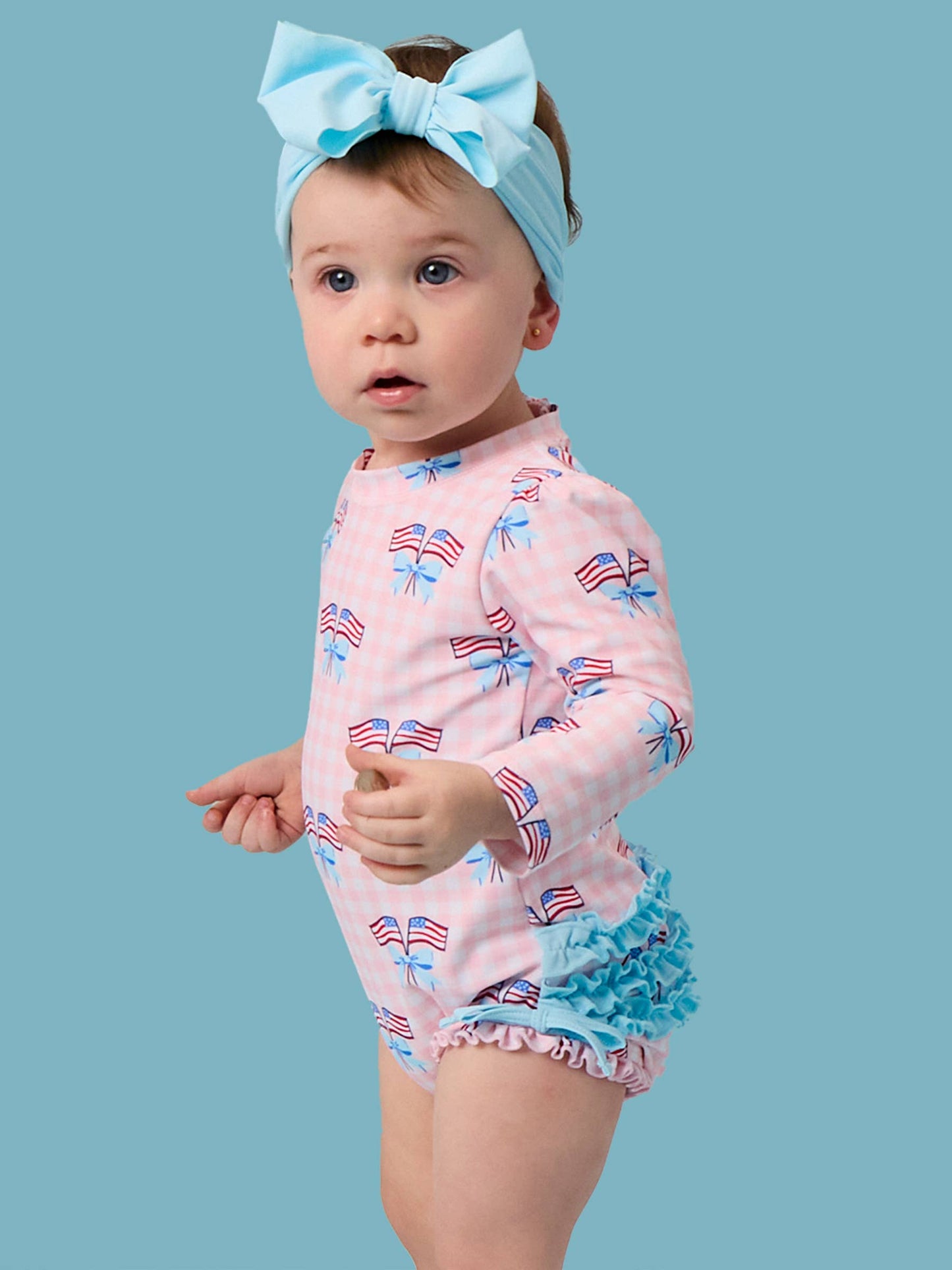 Baby Girls Pink Patriotic Gingham Long Sleeve One Piece Rash Guard Swimsuit with Signature Rear Ruffles