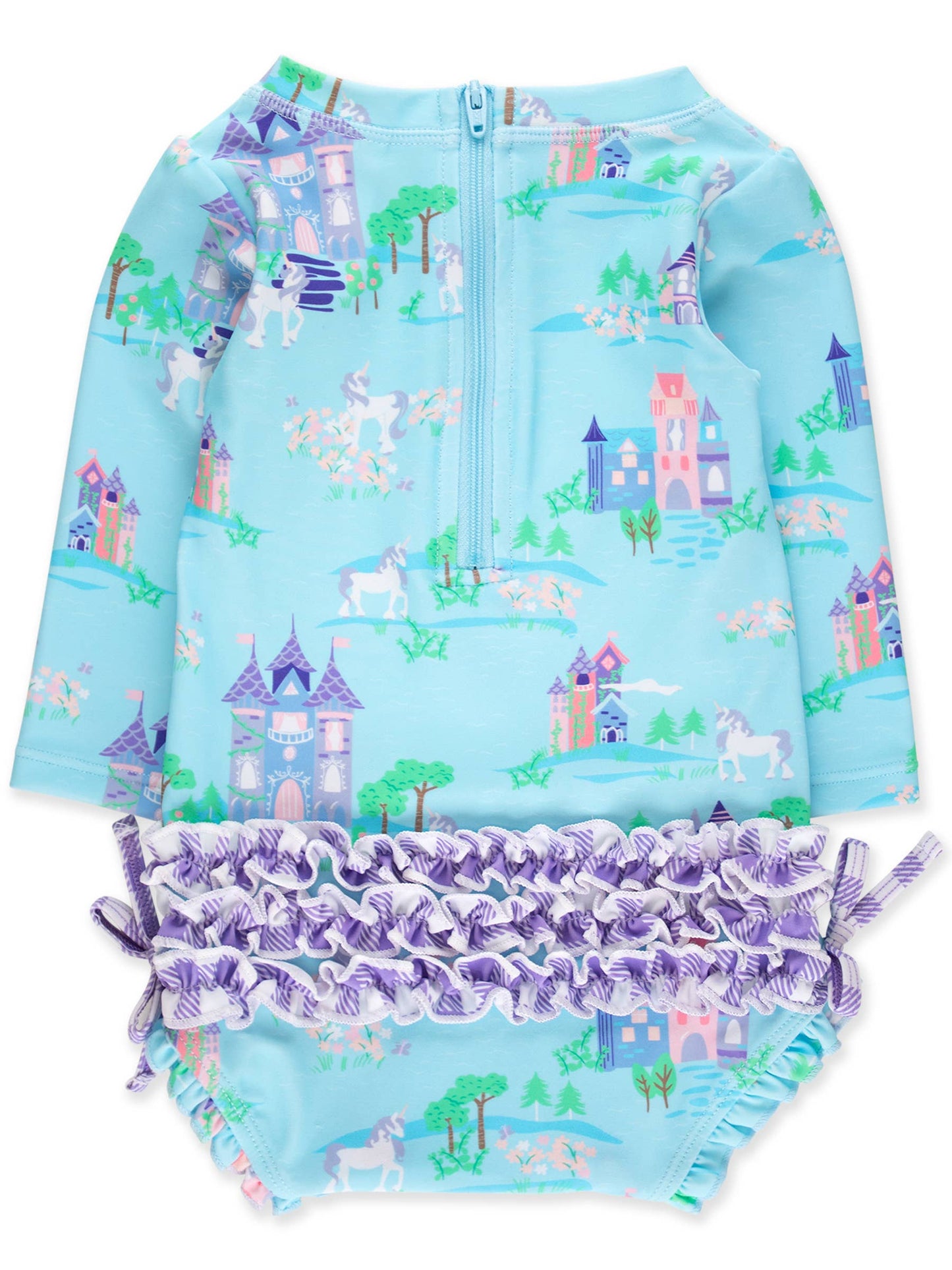 Baby Girls Once Upon a Castle Long Sleeve One Piece Rash Guard Swimsuit with Signature Rear Ruffles