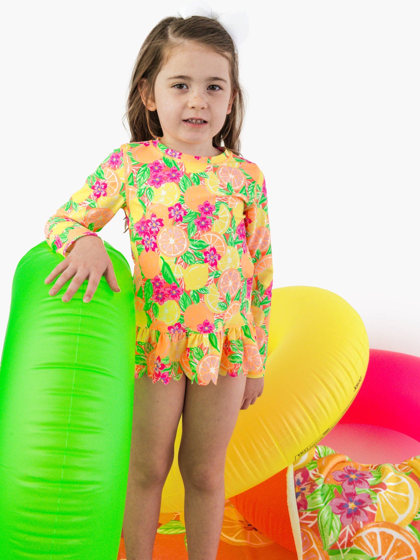 Girls Neon Squeeze the Day Scallop Hem Long Sleeve Rash Guard 2-Piece Swimsuit with Signature Rear Ruffles