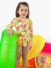 Girls Neon Squeeze the Day Scallop Hem Long Sleeve Rash Guard 2-Piece Swimsuit with Signature Rear Ruffles