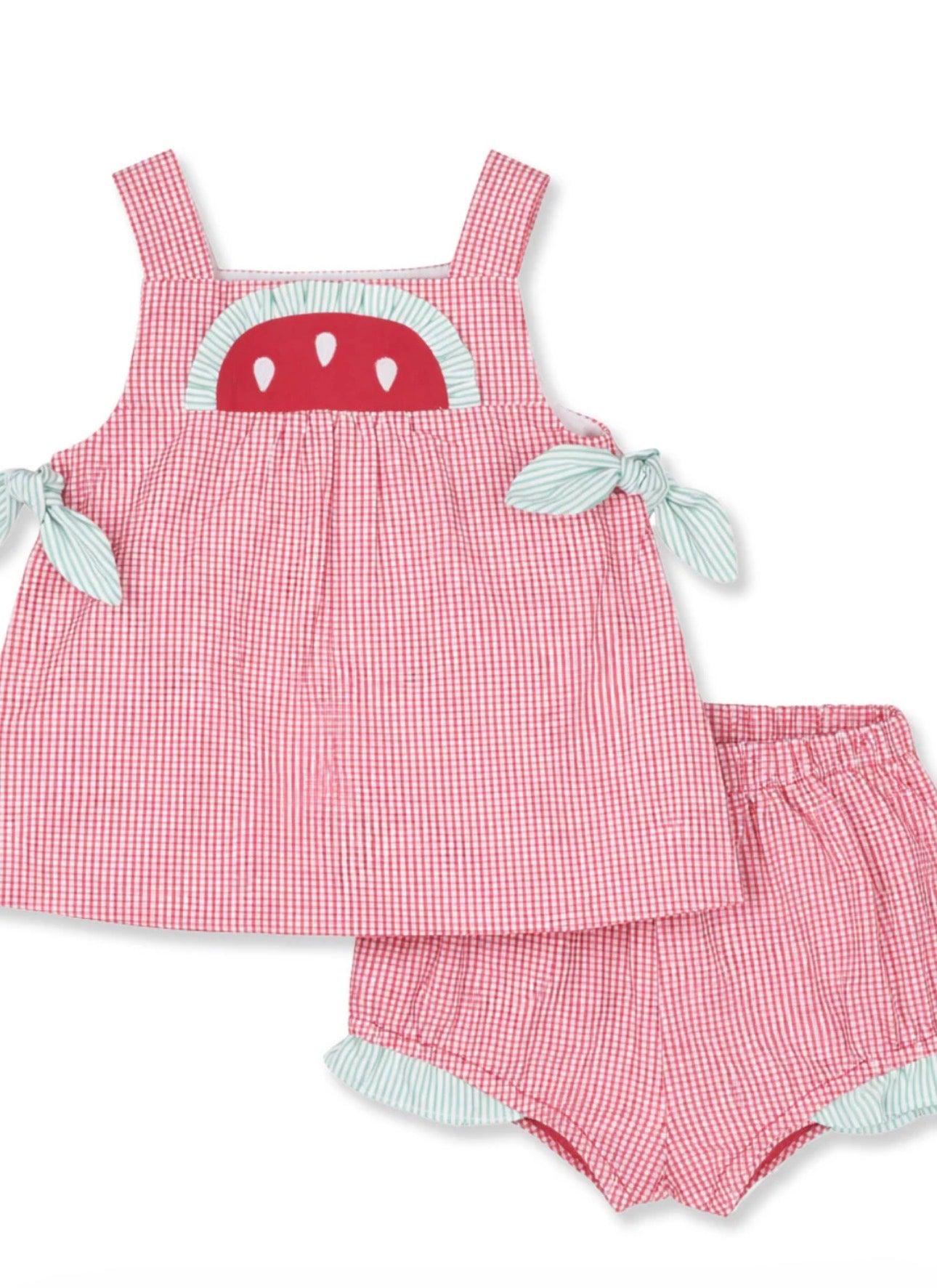 Check Seersucker Dress & Bloomer With Watermelon