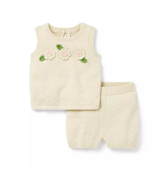 Cream 3D Flower Short Set
