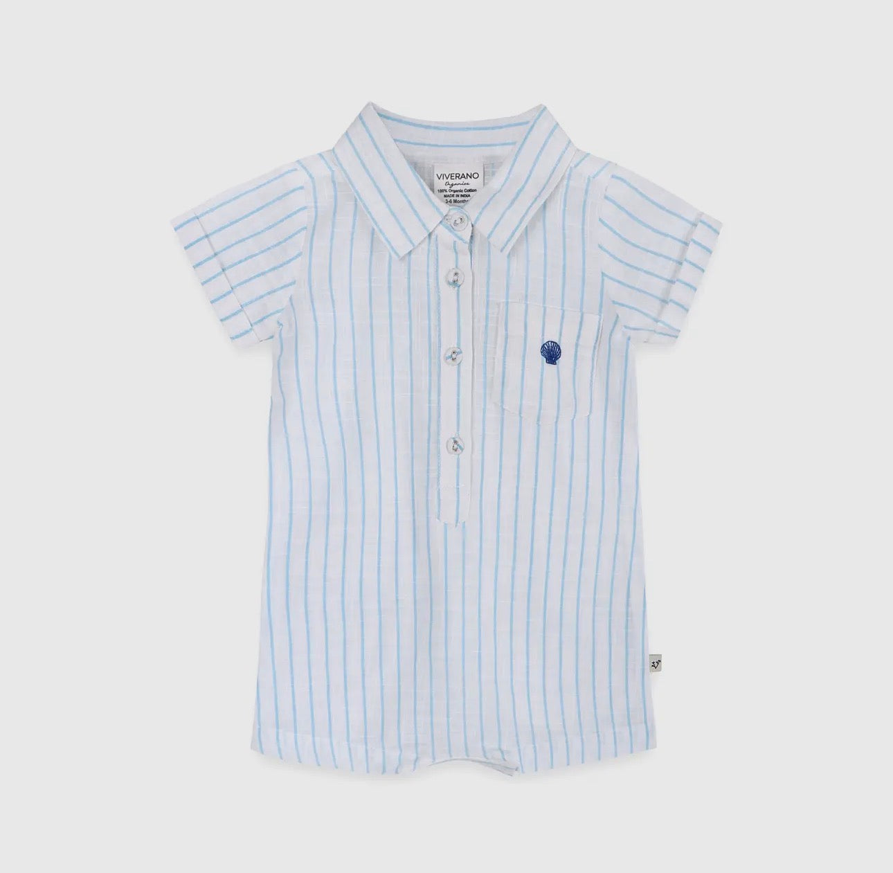 Organic Cotton Romper- Embroidered Seashell Stripe