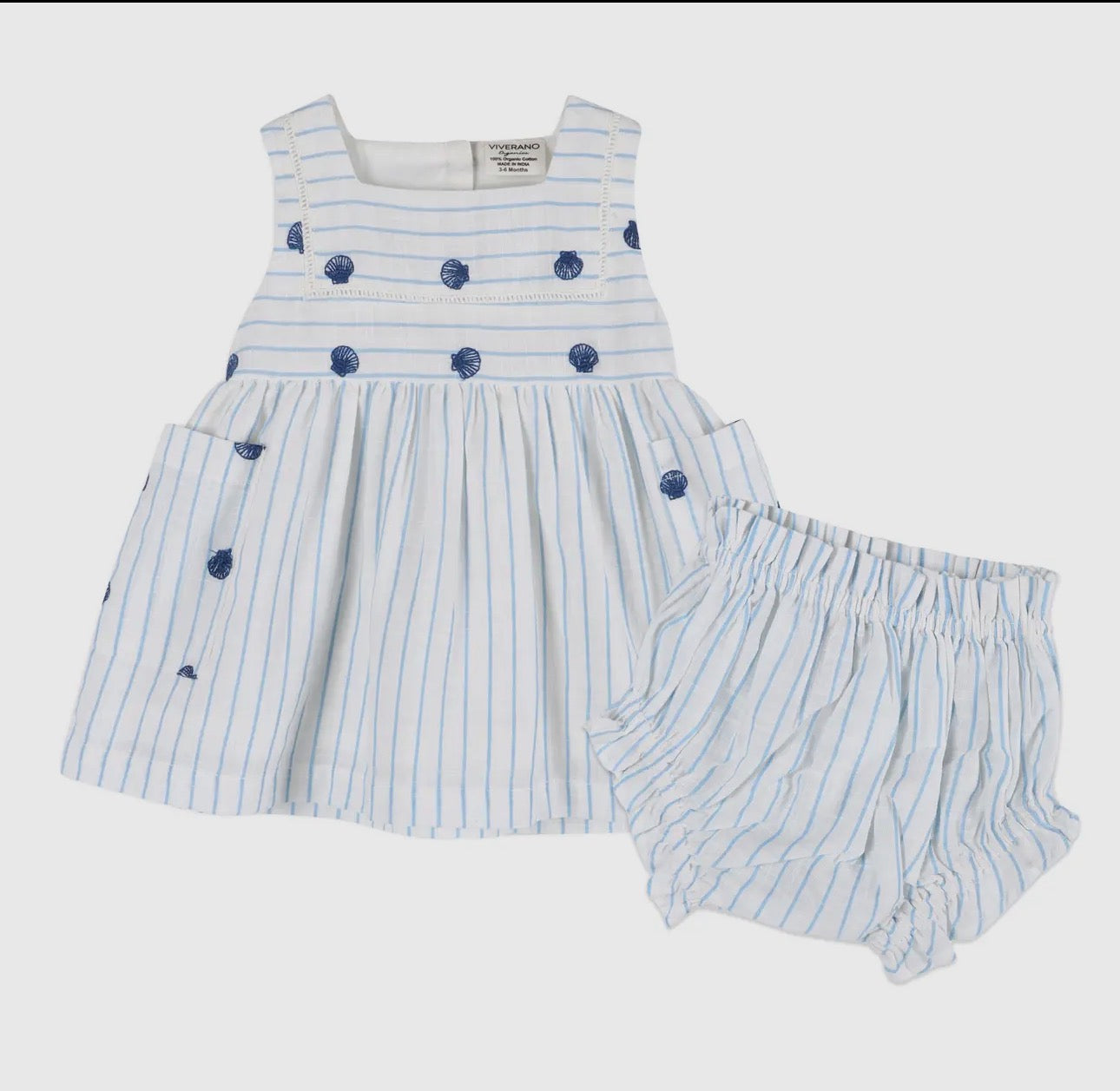 Organic Cotton Dress- Embroidered Seashell Stripe