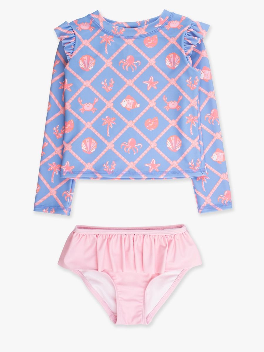Girls Tropical Trellis Flutter Long Sleeve Rash Guard Skirted 2-Piece Swimsuit