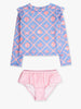 Girls Tropical Trellis Flutter Long Sleeve Rash Guard Skirted 2-Piece Swimsuit