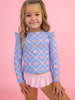 Girls Tropical Trellis Flutter Long Sleeve Rash Guard Skirted 2-Piece Swimsuit