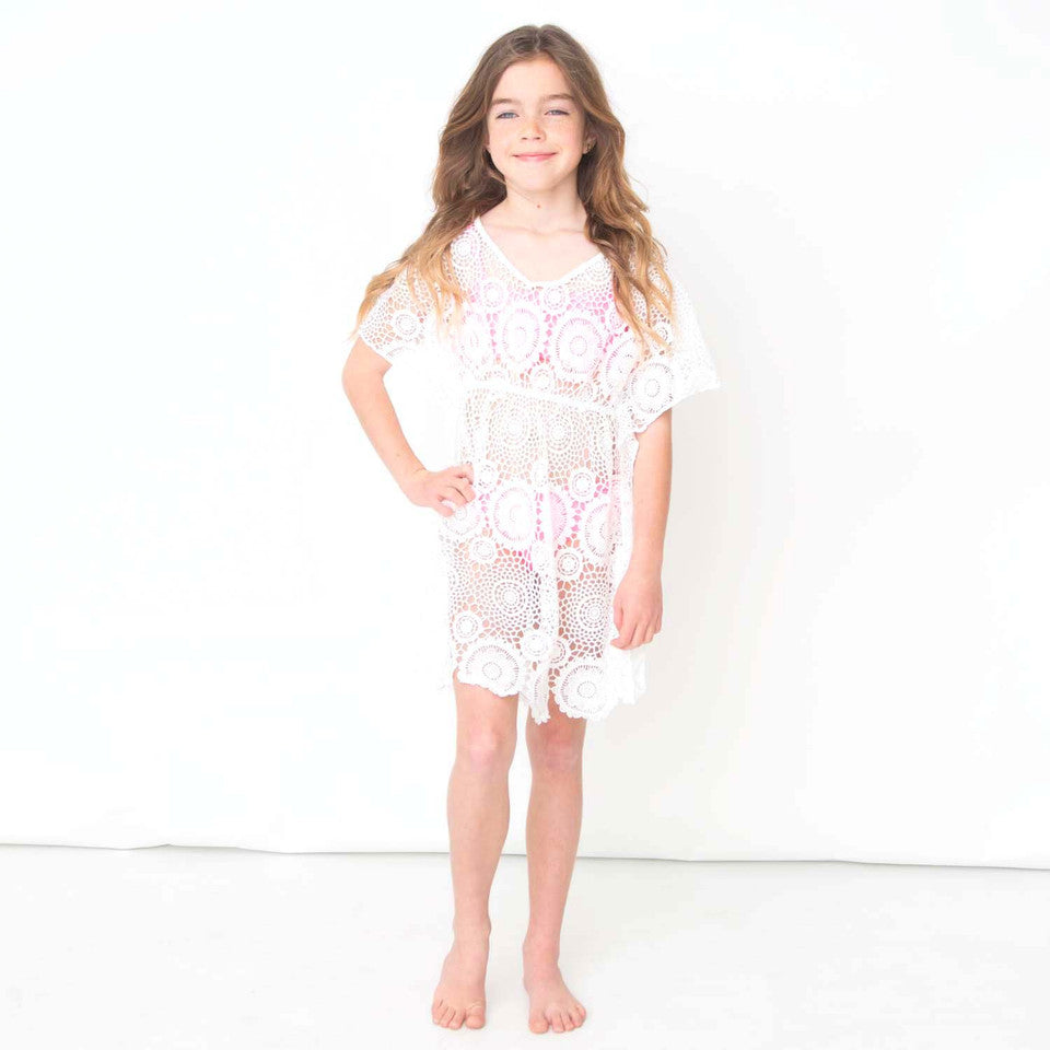 White Crochet Girls Kaftan