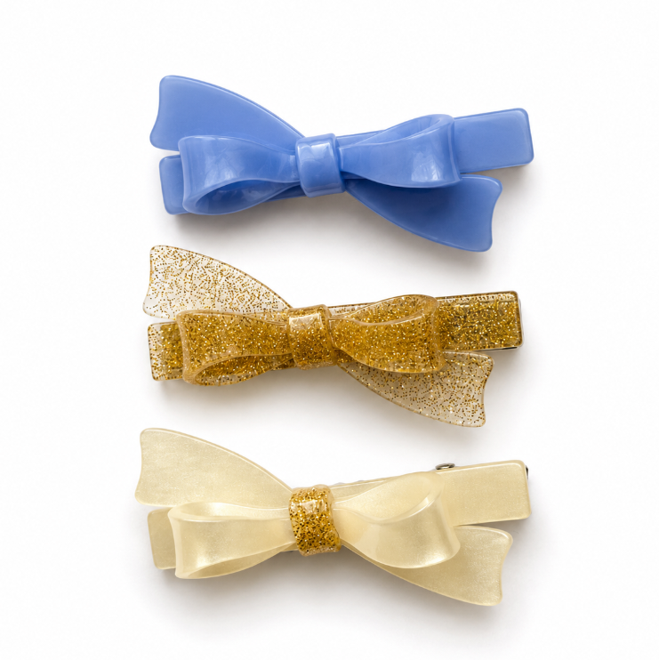 BOWS GLITTER GOLD BLUE PEAL HAIR CLIPS
