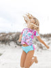 Bright Pink & Teal Floral Rash Guard Ruffle Swimsuit