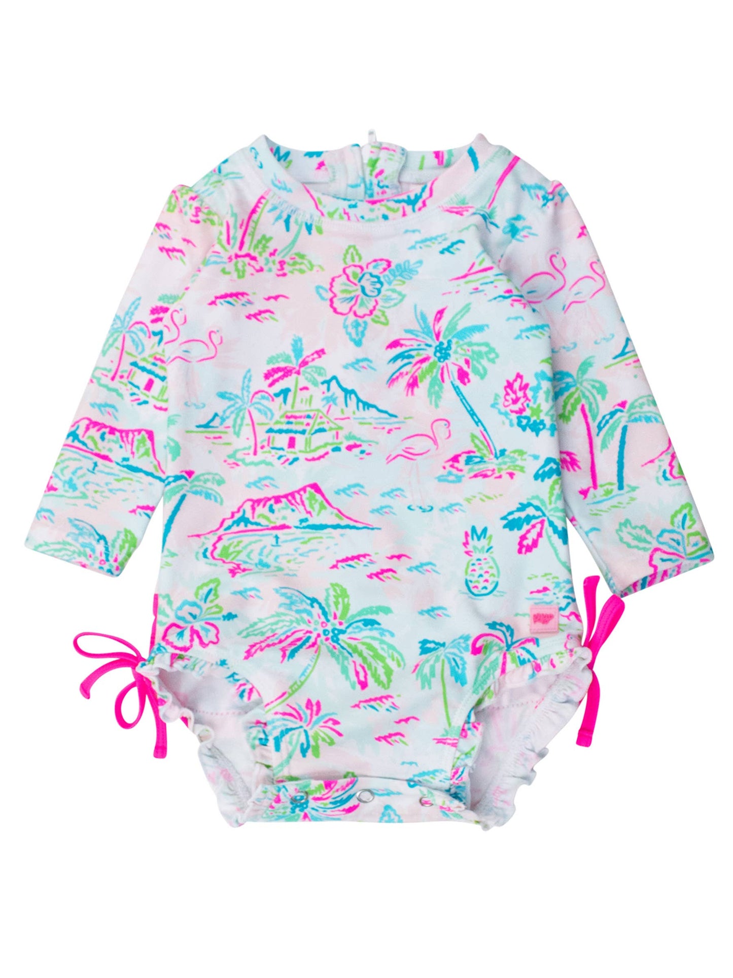 Baby Girls Tropical Resort Long Sleeve One Piece Rash Guard Swimsuit with Signature Rear Ruffles