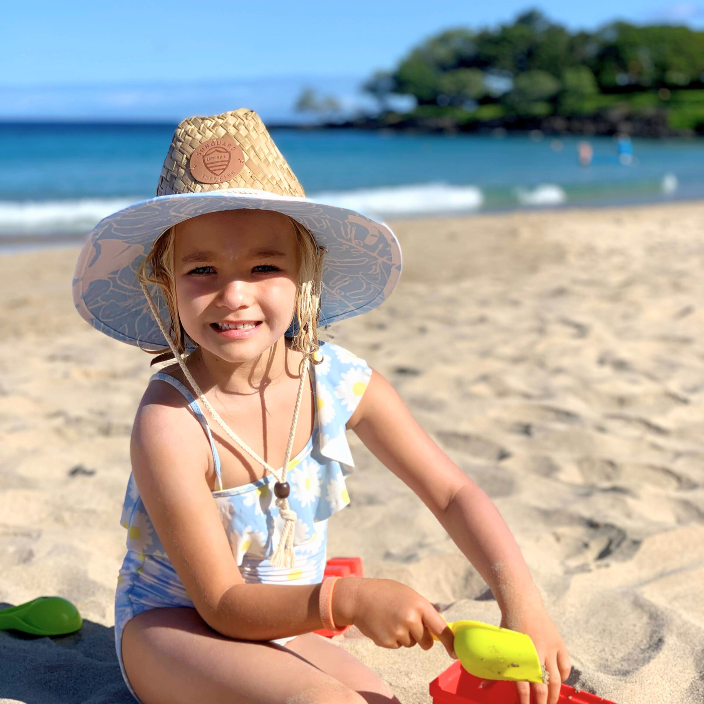 UPF50 Straw Lifeguard Hat- Blue Monstera