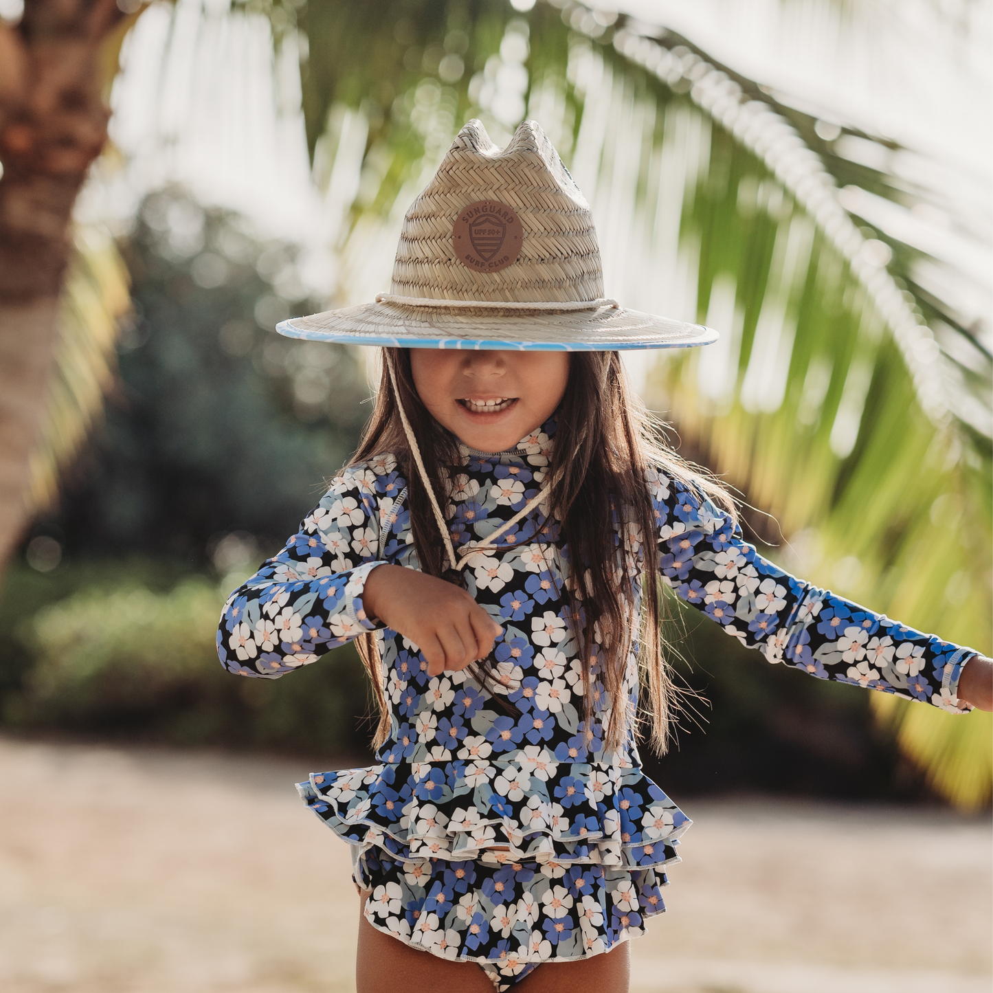 UPF50 Straw Lifeguard Hat- Blue Monstera