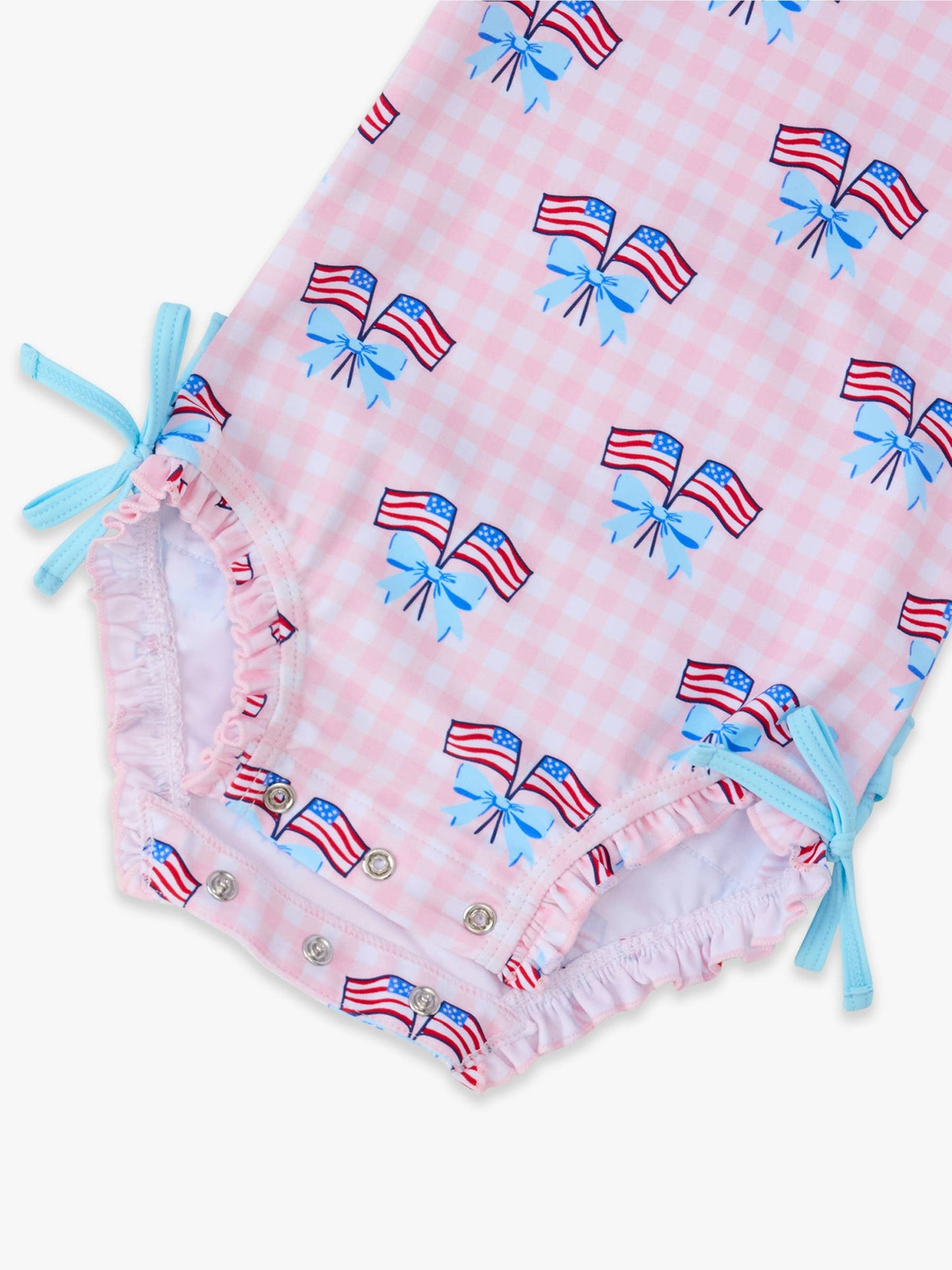 Baby Girls Pink Patriotic Gingham Long Sleeve One Piece Rash Guard Swimsuit with Signature Rear Ruffles