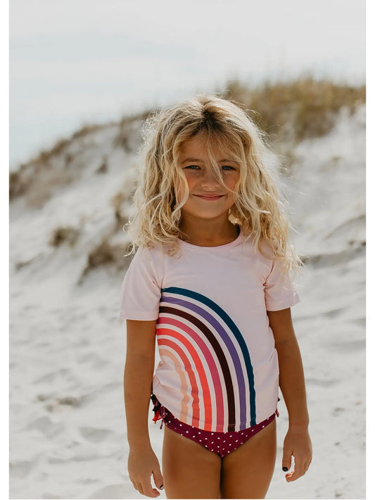 Pink & Purple Rainbow Rash Guard Ruffle Swimsuit