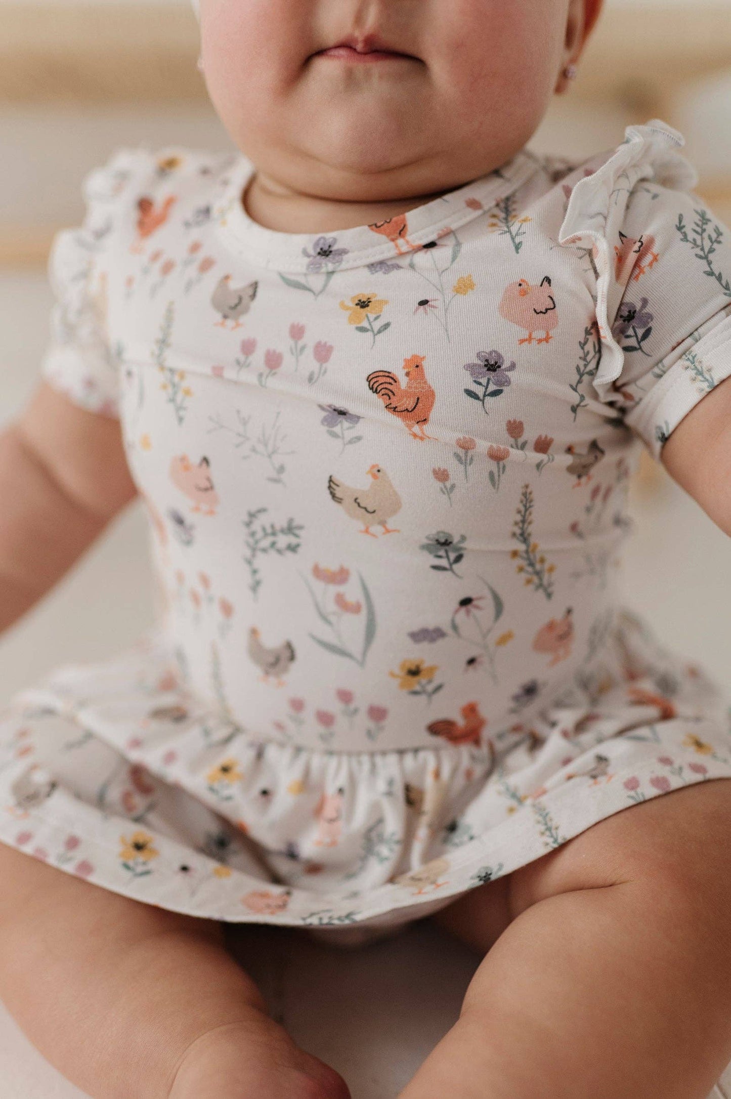 Bamboo Bodysuit Dress/Headband Set- Floral Chickens