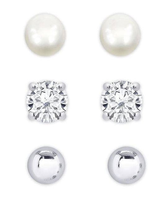 Freshwater Pearl And CZ Stud Set - Sterling Silver