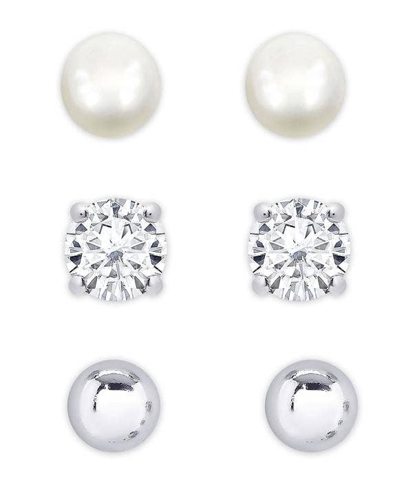 Freshwater Pearl And CZ Stud Set - Sterling Silver
