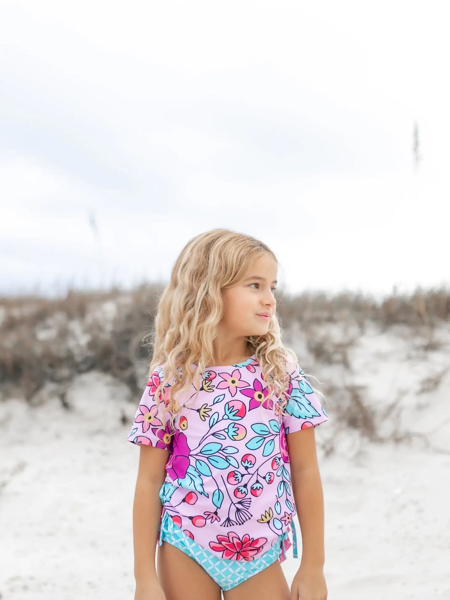 Bright Pink & Teal Floral Rash Guard Ruffle Swimsuit