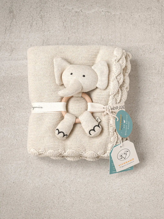 Scallop Edge Knit Baby Blanket + Elephant Rattle Gift Set