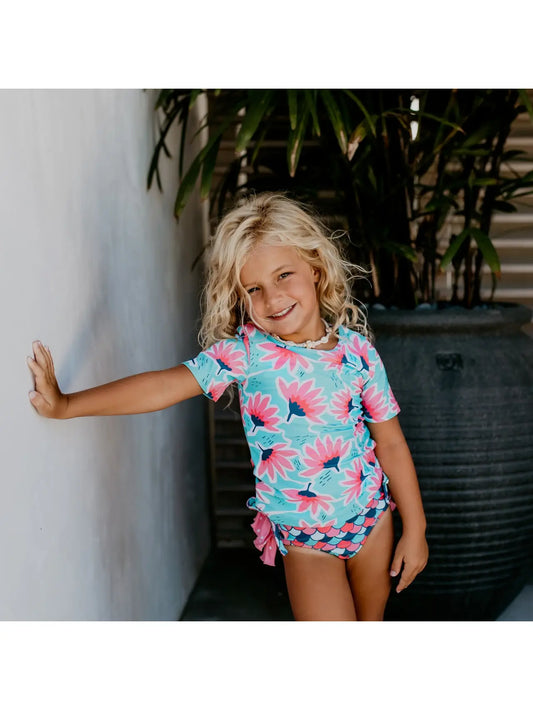 Teal & Pink Floral Rash Guard Ruffle Swimsuit