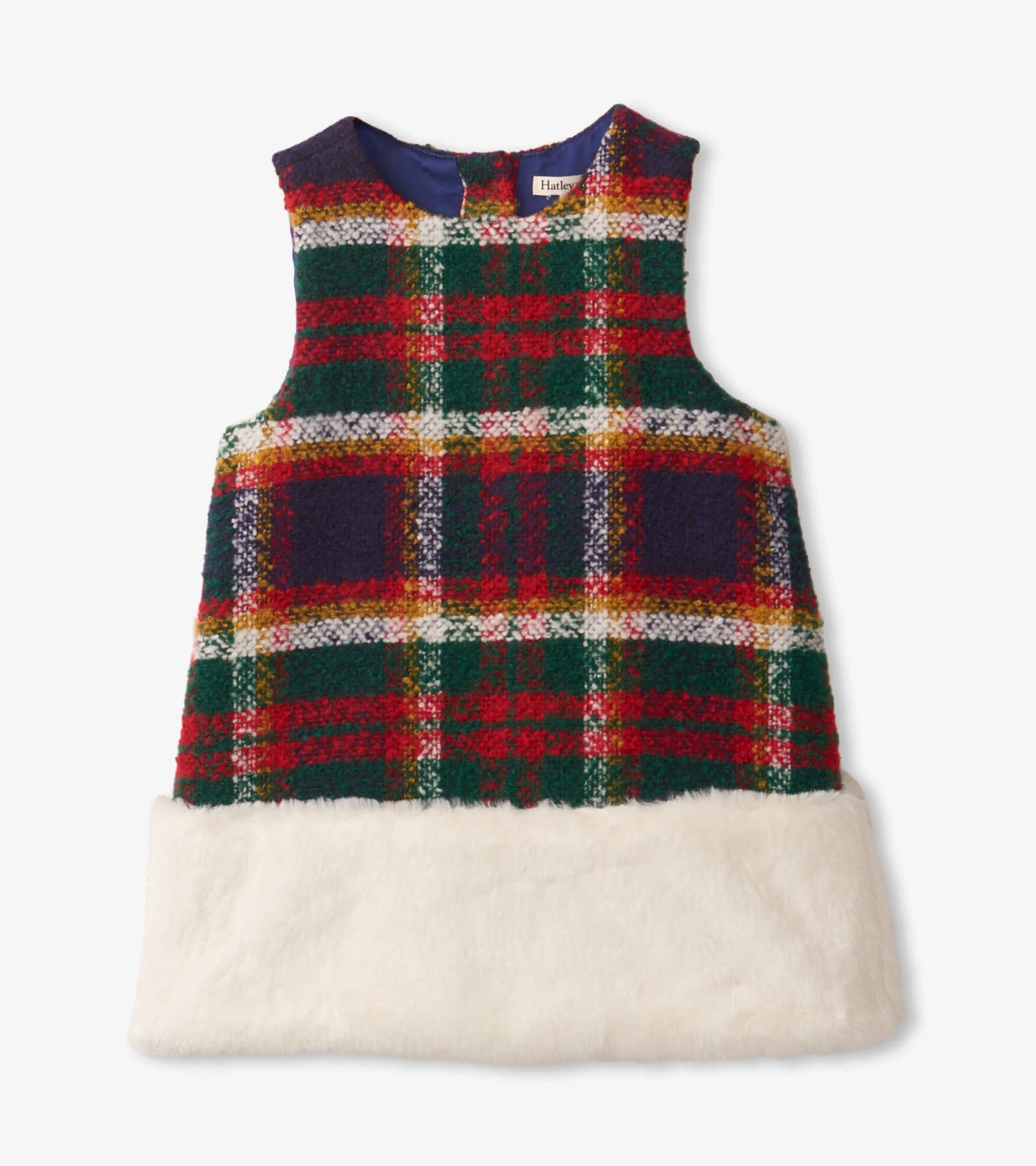 Celebration Plaid Faux Fur Trim Dress